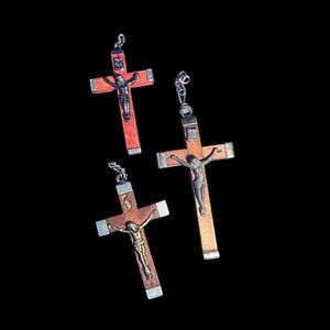 3 Vintage Aluminum Capped Wood Crucifixes. 2 Italy 1 France with Reliquary